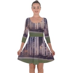 Building City Urban Path Road Skyline Quarter Sleeve Skater Dress