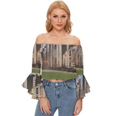 Building City Urban Path Road Skyline Off Shoulder Flutter Bell Sleeve Top by uniart180623
