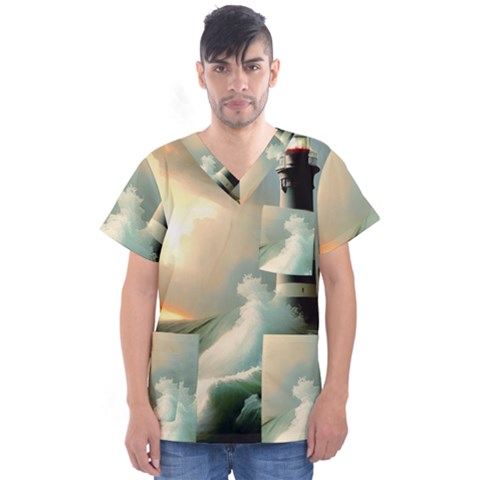 Sea Ocean Waves Lighthouse Nature Men s V-neck Scrub Top by uniart180623