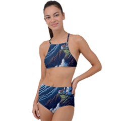 Lighthouse Sea Waves Halter Tankini Set by uniart180623