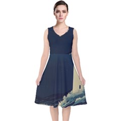 Lighthouse Lunar Eclipse Blood Moon V-neck Midi Sleeveless Dress  by uniart180623