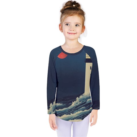 Lighthouse Lunar Eclipse Blood Moon Kids  Long Sleeve T-shirt by uniart180623