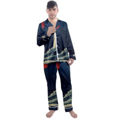 Lighthouse Lunar Eclipse Blood Moon Men s Long Sleeve Satin Pajamas Set