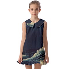 Lighthouse Lunar Eclipse Blood Moon Kids  Pilgrim Collar Ruffle Hem Dress by uniart180623