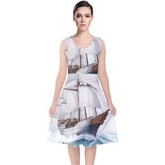 Ship Sail Sea Waves V-neck Midi Sleeveless Dress 