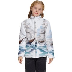 Ship Sail Sea Waves Kids  Puffer Bubble Jacket Coat by uniart180623