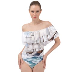 Ship Sail Sea Waves Off Shoulder Velour Bodysuit  by uniart180623