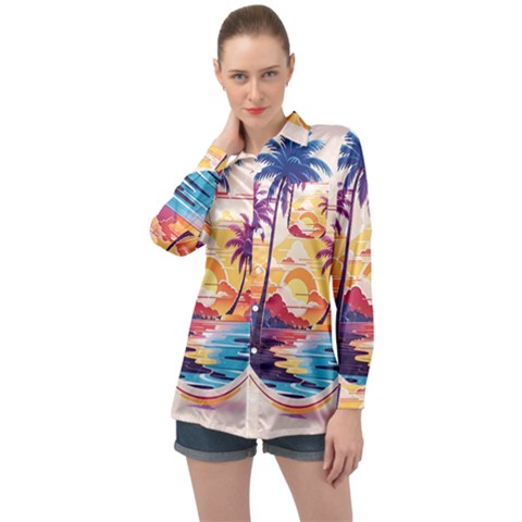 Nature Tropical Palm Trees Sunset Long Sleeve Satin Shirt by uniart180623