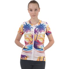 Nature Tropical Palm Trees Sunset Short Sleeve Zip Up Jacket by uniart180623