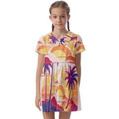 Nature Tropical Palm Trees Sunset Kids  Asymmetric Collar Dress by uniart180623