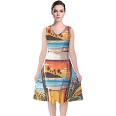 Beach Summer Drink V-neck Midi Sleeveless Dress 