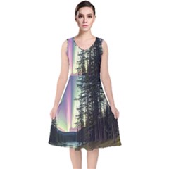 Northern Lights Aurora Borealis V-neck Midi Sleeveless Dress 