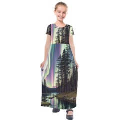 Northern Lights Aurora Borealis Kids  Short Sleeve Maxi Dress by uniart180623