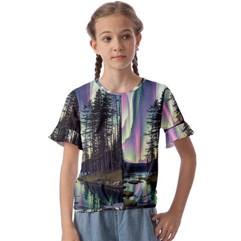 Northern Lights Aurora Borealis Kids  Cuff Sleeve Scrunch Bottom T-shirt by uniart180623