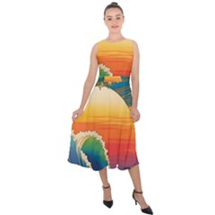 Waves Rainbow Sea Midi Tie-back Chiffon Dress