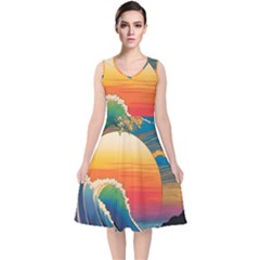 Waves Rainbow Sea V-neck Midi Sleeveless Dress 