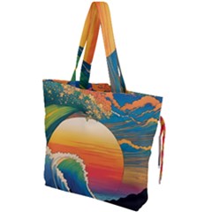 Waves Rainbow Sea Drawstring Tote Bag by uniart180623