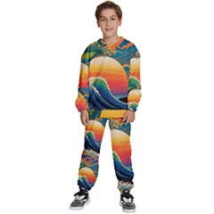 Waves Rainbow Sea Kids  Sweatshirt Set by uniart180623