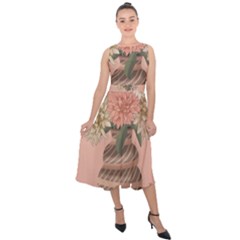 Flowers Vase Rose Plant Vintage Midi Tie-back Chiffon Dress