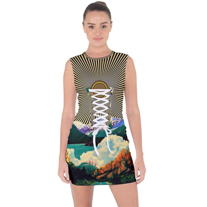 Surreal Art Psychadelic Mountain Lace Up Front Bodycon Dress
