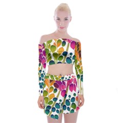 Plants Leaves Colorful Off Shoulder Top with Mini Skirt Set