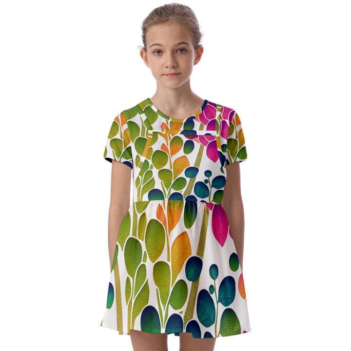 Plants Leaves Colorful Kids  Short Sleeve Pinafore Style Dress