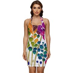 Plants Leaves Colorful Sleeveless Wide Square Neckline Ruched Bodycon Dress by pakminggu
