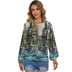 Castle Storm Sea Women s Long Sleeve Button Up Shirt