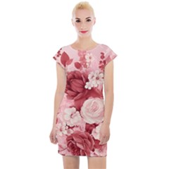 Red Pink Flower Petal Leaves Cap Sleeve Bodycon Dress