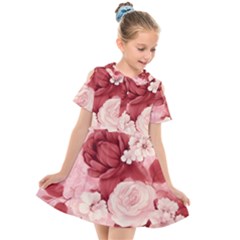 Red Pink Flower Petal Leaves Kids  Short Sleeve Shirt Dress