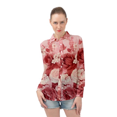 Red Pink Flower Petal Leaves Long Sleeve Chiffon Shirt by pakminggu