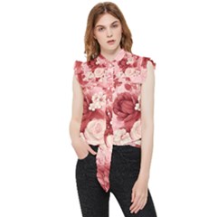 Red Pink Flower Petal Leaves Frill Detail Shirt by pakminggu