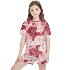 Red Pink Flower Petal Leaves Kids  T-Shirt And Sports Shorts Set