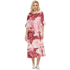 Red Pink Flower Petal Leaves Double Cuff Midi Dress