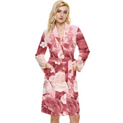 Red Pink Flower Petal Leaves Long Sleeve Velvet Robe