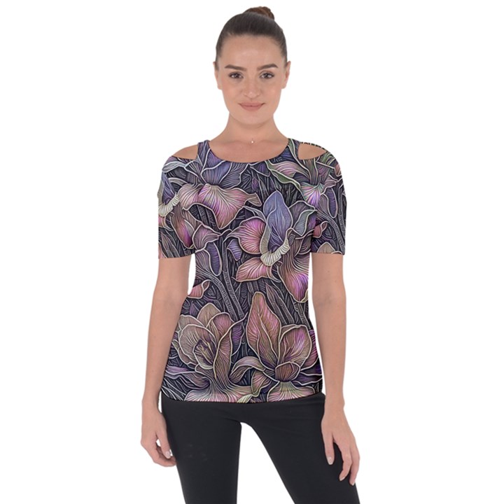 Flowers Iris Plant Shoulder Cut Out Short Sleeve Top