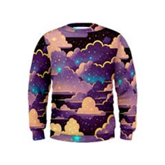 Fluffy Clouds Night Sky Kids  Sweatshirt by uniart180623