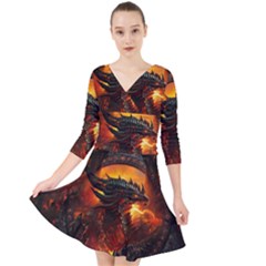 Dragon Art Fire Digital Fantasy Quarter Sleeve Front Wrap Dress by Bedest