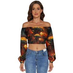 Dragon Art Fire Digital Fantasy Long Sleeve Crinkled Weave Crop Top by Bedest