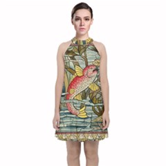 Fish Underwater Cubism Mosaic Velvet Halter Neckline Dress  by Bedest