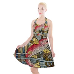 Fish Underwater Cubism Mosaic Halter Party Swing Dress  by Bedest