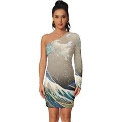 Japanese Wave Long Sleeve One Shoulder Mini Dress by Cowasu