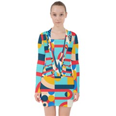 Geometric Shape Colorful Abstract Wave V-neck Bodycon Long Sleeve Dress