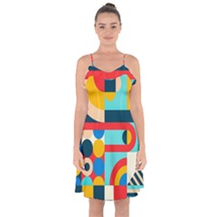 Geometric Shape Colorful Abstract Wave Ruffle Detail Chiffon Dress