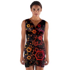 Abstract Red Geometric Wrap Front Bodycon Dress