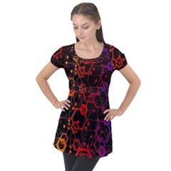 Abstract Red Geometric Puff Sleeve Tunic Top