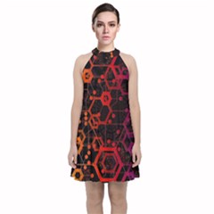Abstract Red Geometric Velvet Halter Neckline Dress 