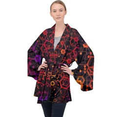 Abstract Red Geometric Long Sleeve Velvet Kimono 