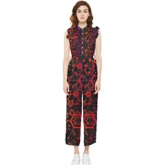 Abstract Red Geometric Women s Frill Top Chiffon Jumpsuit