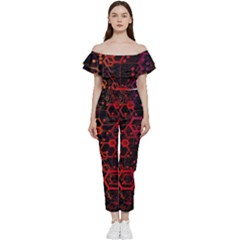 Abstract Red Geometric Bardot Ruffle jumpsuit